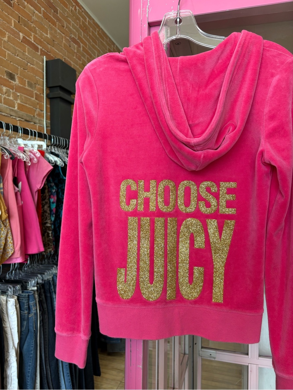 Vintage Y2K Juicy Couture Hot Pink Velour Hoodie - Choose Juicy Glitter Back